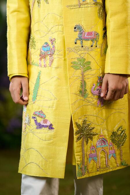 Shop_Panchhi By Kanupriya Tibrewala_Yellow Silk, Cotton Satin Embroidery Sherwani Set_Online_at_Aza_Fashions
