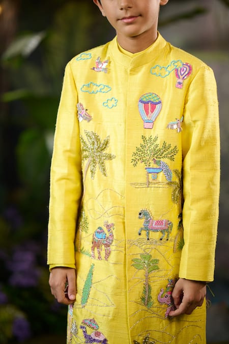 Panchhi By Kanupriya Tibrewala_Yellow Silk, Cotton Satin Embroidery Sherwani Set_at_Aza_Fashions