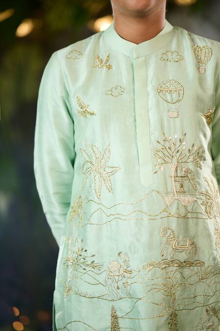 Buy_Panchhi By Kanupriya Tibrewala_Aqua Silk, Cotton Satin Embroidery Kurta Set_Online_at_Aza_Fashions