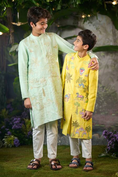 Shop_Panchhi By Kanupriya Tibrewala_Aqua Silk, Cotton Satin Embroidery Kurta Set_Online_at_Aza_Fashions