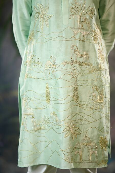 Panchhi By Kanupriya Tibrewala_Aqua Silk, Cotton Satin Embroidery Kurta Set_at_Aza_Fashions