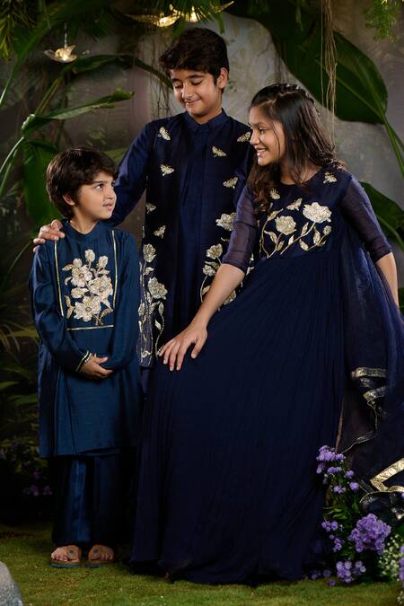 Buy_Panchhi By Kanupriya Tibrewala_Navy Silk, Cotton Satin Embroidery Blue Designer Sherwani Set_Online_at_Aza_Fashions