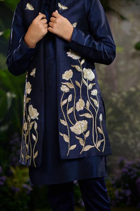 Shop_Panchhi By Kanupriya Tibrewala_Navy Silk, Cotton Satin Embroidery Blue Designer Sherwani Set_Online_at_Aza_Fashions