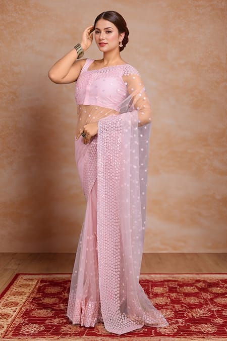 Buy Samyukta Singhania Pink Net Sequins Round Neck Work Saree Set Buy_Samyukta Singhania_Pink Net Sequins Round Neck Work Saree Set