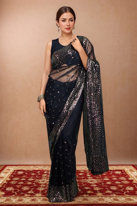 Buy_Samyukta Singhania_Black Net Sequins Round Neck Work Saree Set 