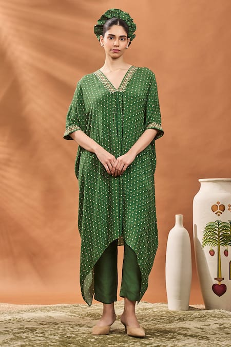 Masaba_Green Crepe, Silk V-neck Printed Tunic And Pant Set _Online_at_Aza_Fashions
