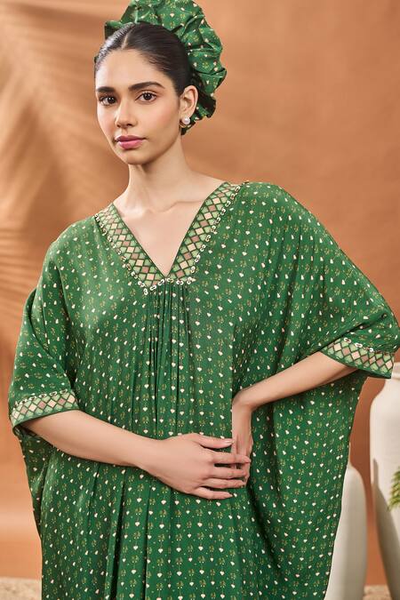 Masaba_Green Crepe, Silk V-neck Printed Tunic And Pant Set _at_Aza_Fashions