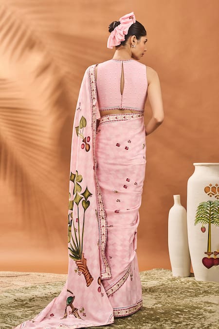 Shop_Masaba_Pink Crepe, Silk Checkers Spade Bloom Saree With Unstitched Blouse Piece _at_Aza_Fashions