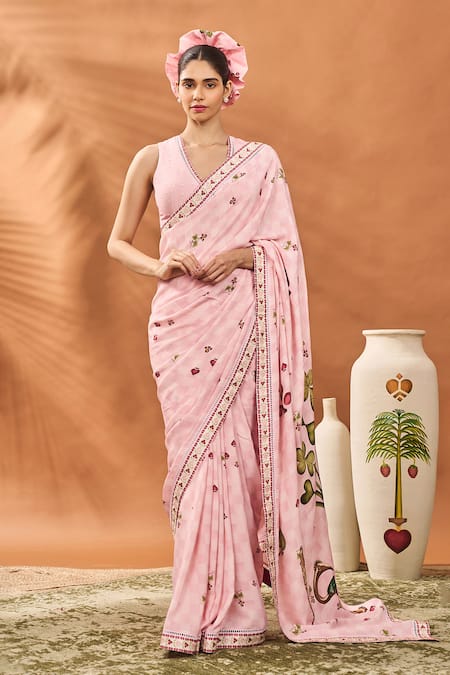 Masaba_Pink Crepe, Silk Checkers Spade Bloom Saree With Unstitched Blouse Piece _Online_at_Aza_Fashions