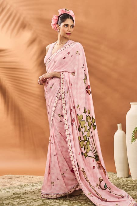 Buy_Masaba_Pink Crepe, Silk Checkers Spade Bloom Saree With Unstitched Blouse Piece _Online_at_Aza_Fashions