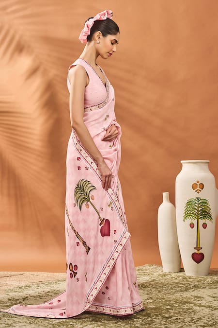 Shop_Masaba_Pink Crepe, Silk Checkers Spade Bloom Saree With Unstitched Blouse Piece _Online_at_Aza_Fashions