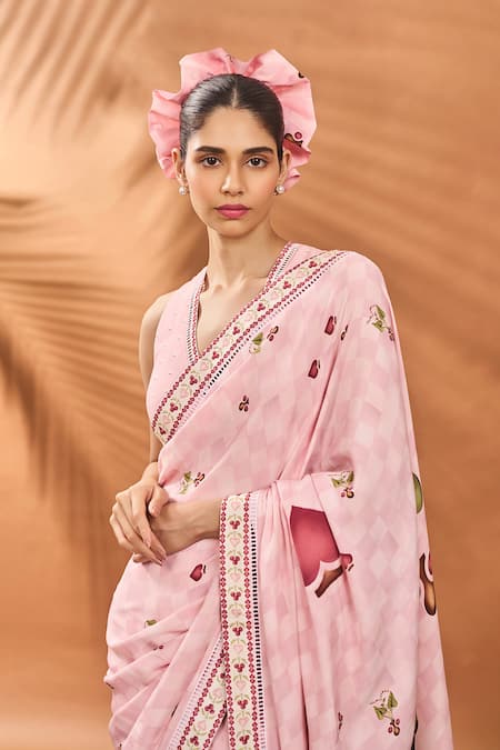 Masaba_Pink Crepe, Silk Checkers Spade Bloom Saree With Unstitched Blouse Piece _at_Aza_Fashions