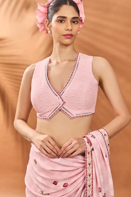 Buy_Masaba_Pink Crepe, Silk Checkers Spade Bloom Saree With Unstitched Blouse Piece 