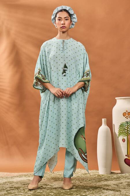 Masaba Blue Crepe, Silk Round Neck Ace Of Spades Kaftan And Pant Set Online at Aza Fashions Masaba_Blue Crepe, Silk Round Neck Ace Of Spades Kaftan And Pant Set _Online_at_Aza_Fashions
