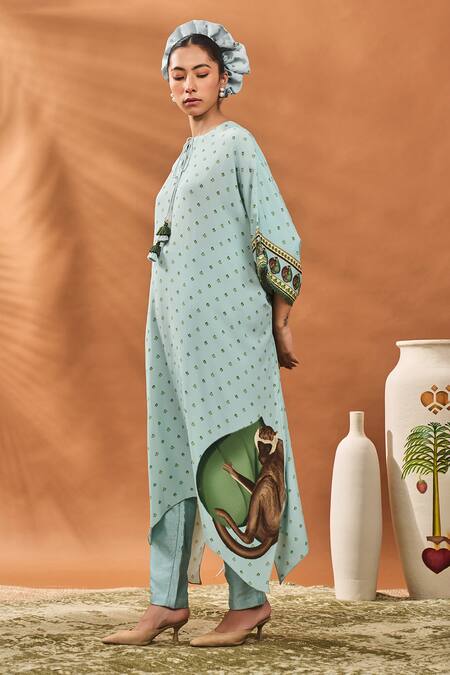 Buy Masaba Blue Crepe, Silk Round Neck Ace Of Spades Kaftan And Pant Set Online at Aza Fashions Buy_Masaba_Blue Crepe, Silk Round Neck Ace Of Spades Kaftan And Pant Set _Online_at_Aza_Fashions