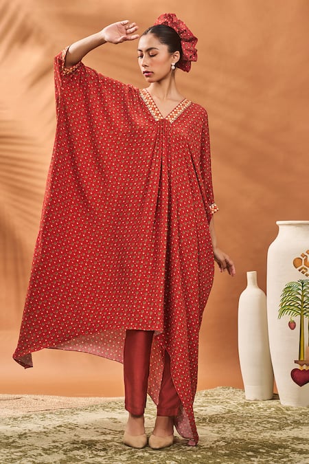 Masaba_Red Crepe, Silk Split V-neck Tree Of Hearts Kaftan And Pant Set _Online_at_Aza_Fashions