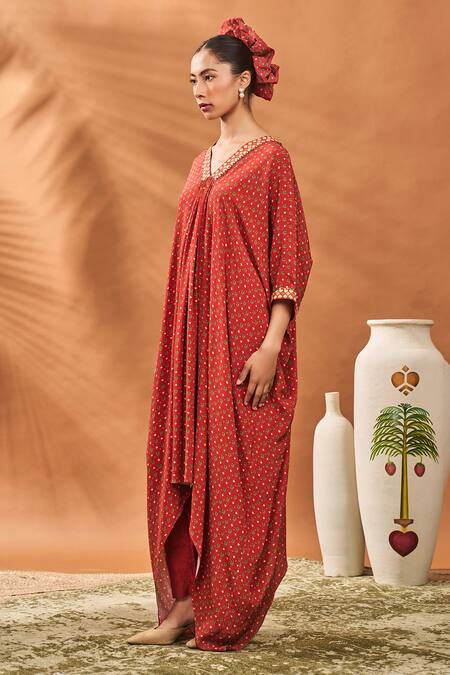 Buy_Masaba_Red Crepe, Silk Split V-neck Tree Of Hearts Kaftan And Pant Set _Online_at_Aza_Fashions