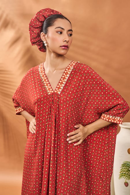 Masaba_Red Crepe, Silk Split V-neck Tree Of Hearts Kaftan And Pant Set _at_Aza_Fashions