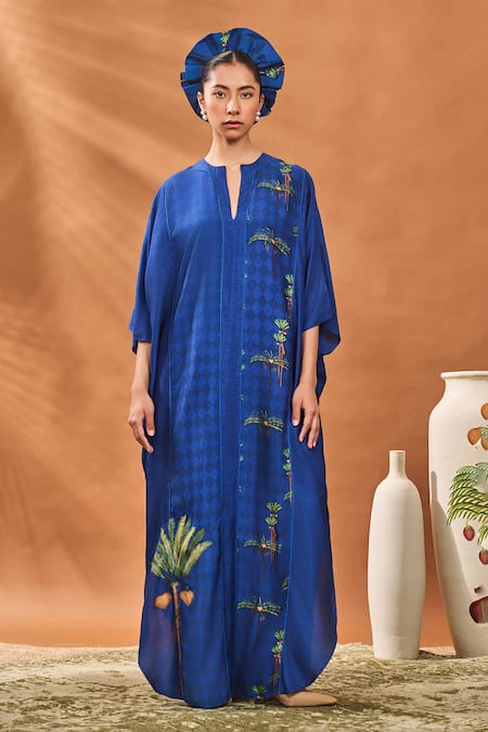 Masaba_Navy Silk V-neck Blooming Board Kaftan _Online_at_Aza_Fashions