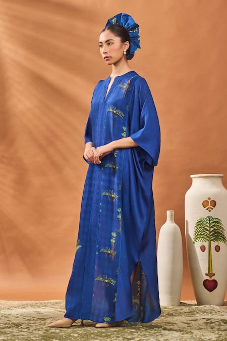 Buy_Masaba_Navy Silk V-neck Blooming Board Kaftan _Online_at_Aza_Fashions