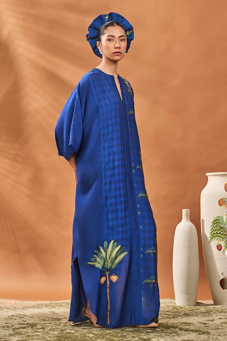 Shop_Masaba_Navy Silk V-neck Blooming Board Kaftan _Online_at_Aza_Fashions