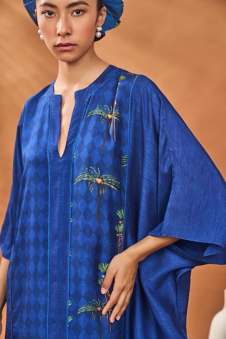 Masaba_Navy Silk V-neck Blooming Board Kaftan _at_Aza_Fashions