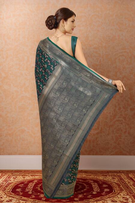 Shop_Naintara Bajaj_Green Brocade, Silk Zari V-neck Woven Banarasi Saree Set_at_Aza_Fashions
