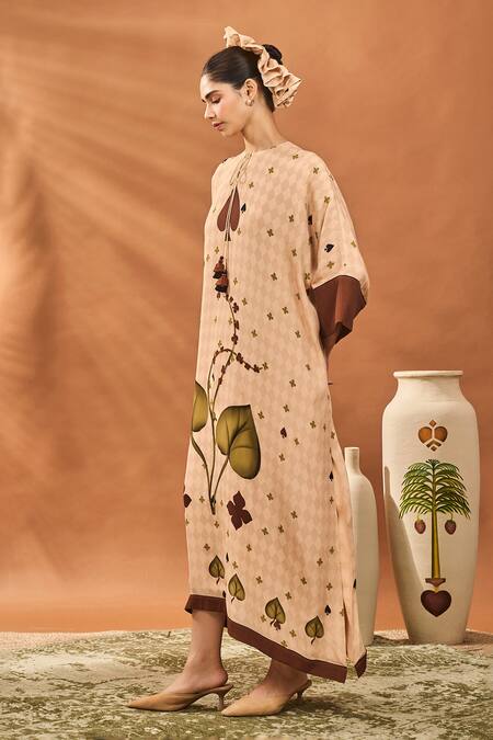 Masaba_Beige Crepe Round Neck Clover Checks Kaftan _Online_at_Aza_Fashions