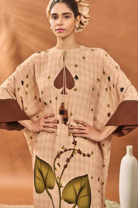 Shop_Masaba_Beige Crepe Round Neck Clover Checks Kaftan _Online_at_Aza_Fashions