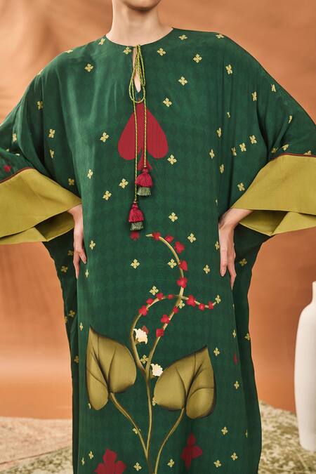 Shop_Masaba_Green Crepe, Silk Tassels Round Neck Clover Checks Kaftan _Online_at_Aza_Fashions