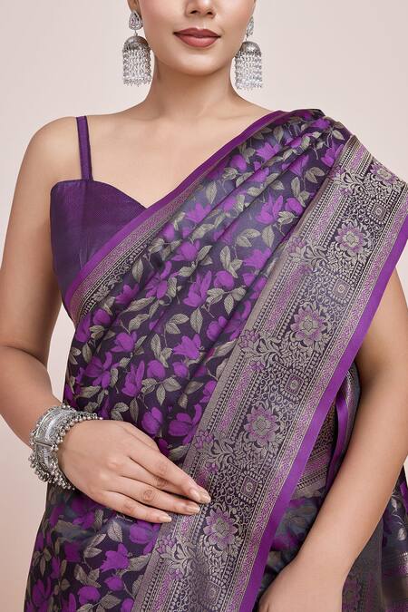 Buy_Naintara Bajaj_Purple Brocade, Silk Zari Sweetheart Neck Woven Banarasi Saree _Online_at_Aza_Fashions