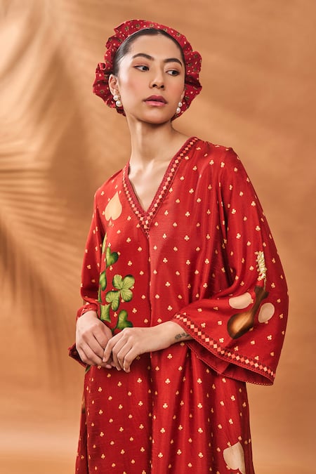 Masaba_Rust Silk V-neck Spade Blossom Long Kurta _at_Aza_Fashions