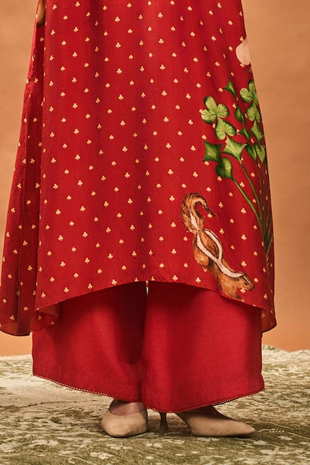 Buy_Masaba_Rust Silk V-neck Spade Blossom Kurta Set _Online_at_Aza_Fashions