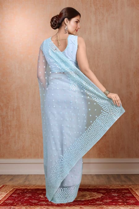 Shop_Samyukta Singhania_Blue Net Sequins Round Neck Work Saree Set _at_Aza_Fashions