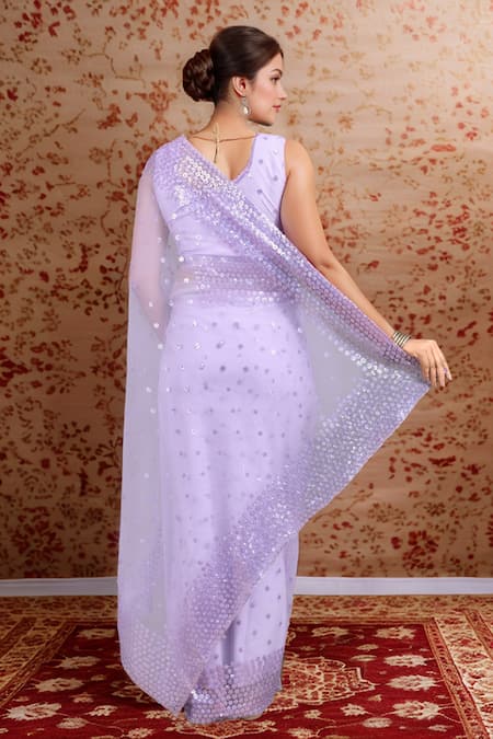 Shop_Samyukta Singhania_Lavender Net Sequins Round Neck Work Saree Set _at_Aza_Fashions