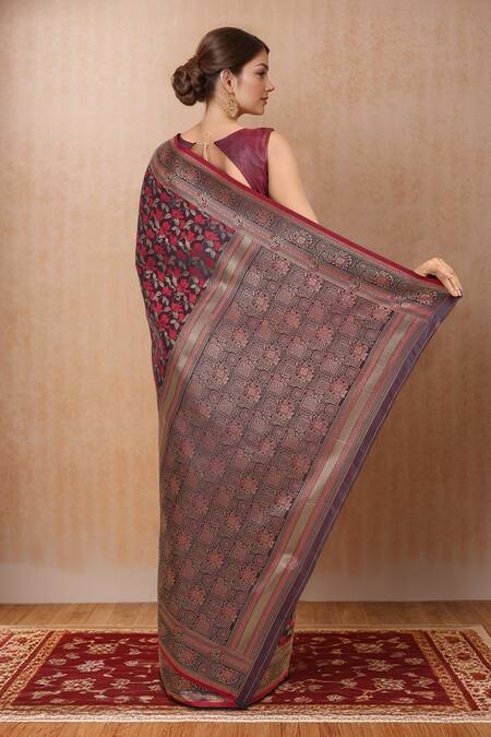 Shop Naintara Bajaj Maroon Brocade, Silk Round Neck Woven Zari Banarasi Saree Set at Aza Fashions Shop_Naintara Bajaj_Maroon Brocade, Silk Round Neck Woven Zari Banarasi Saree Set_at_Aza_Fashions