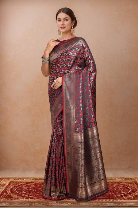 Naintara Bajaj Maroon Brocade, Silk Round Neck Woven Zari Banarasi Saree Set at Aza Fashions Naintara Bajaj_Maroon Brocade, Silk Round Neck Woven Zari Banarasi Saree Set_at_Aza_Fashions