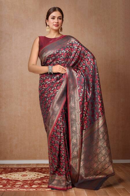 Shop Naintara Bajaj Maroon Brocade, Silk Round Neck Woven Zari Banarasi Saree Set Shop_Naintara Bajaj_Maroon Brocade, Silk Round Neck Woven Zari Banarasi Saree Set