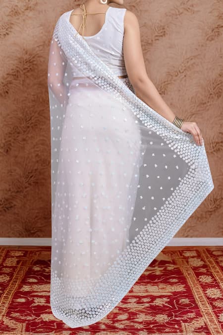 Shop_Samyukta Singhania_Cream Net Sequins Round Neck Work Saree Set _at_Aza_Fashions