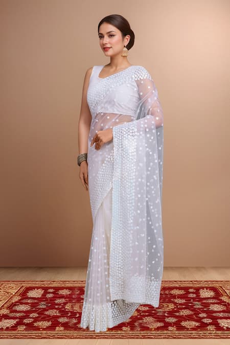 Buy_Samyukta Singhania_Cream Net Sequins Round Neck Work Saree Set _Online_at_Aza_Fashions