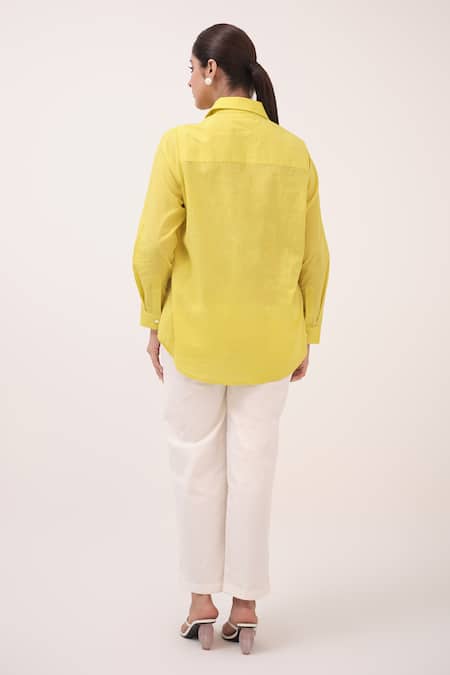 Shop Ruchi Marodia Yellow Cotton, Hemp Embroidery Collared Herringbone Pant Set at Aza Fashions Shop_Ruchi Marodia_Yellow Cotton, Hemp Embroidery Collared Herringbone Pant Set _at_Aza_Fashions