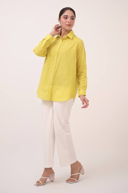 Ruchi Marodia Yellow Cotton, Hemp Embroidery Collared Herringbone Pant Set Online at Aza Fashions Ruchi Marodia_Yellow Cotton, Hemp Embroidery Collared Herringbone Pant Set _Online_at_Aza_Fashions