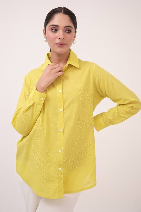 Buy Ruchi Marodia Yellow Cotton, Hemp Embroidery Collared Herringbone Pant Set Online at Aza Fashions Buy_Ruchi Marodia_Yellow Cotton, Hemp Embroidery Collared Herringbone Pant Set _Online_at_Aza_Fashions