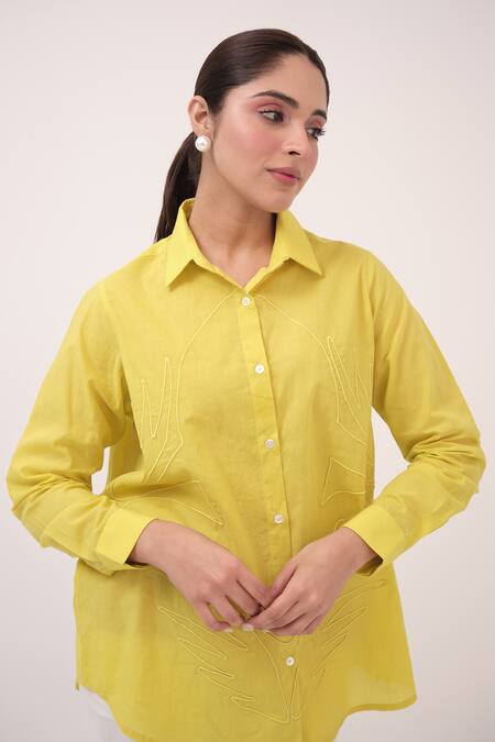 Shop Ruchi Marodia Yellow Cotton, Hemp Embroidery Collared Herringbone Pant Set Online at Aza Fashions Shop_Ruchi Marodia_Yellow Cotton, Hemp Embroidery Collared Herringbone Pant Set _Online_at_Aza_Fashions