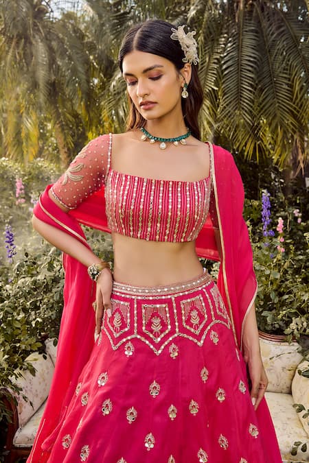 Parul Gandhi_Pink Silk Organza Beads, Sequins, Embroidery Square Neck Hot Lehenga Set _Online_at_Aza_Fashions