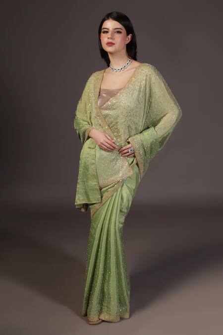 Buy_Two Sisters By Gyans_Green Chiffon Sequins, Embroidery Designer Saree Set _Online_at_Aza_Fashions