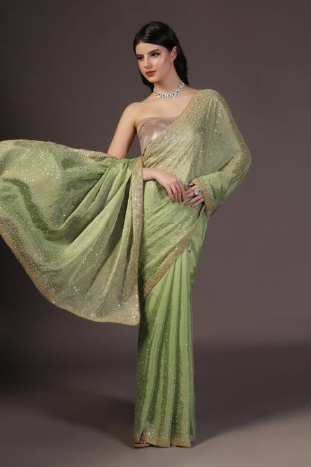 Shop_Two Sisters By Gyans_Green Chiffon Sequins, Embroidery Designer Saree Set _Online_at_Aza_Fashions