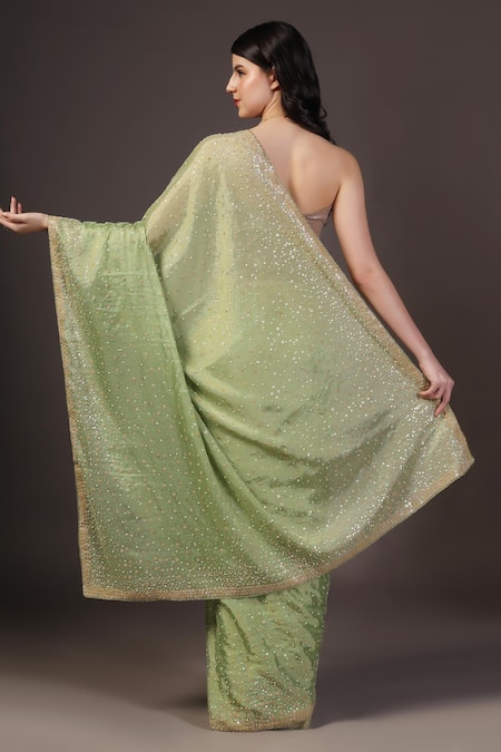 Shop_Two Sisters By Gyans_Green Chiffon Sequins, Embroidery Designer Saree Set _at_Aza_Fashions