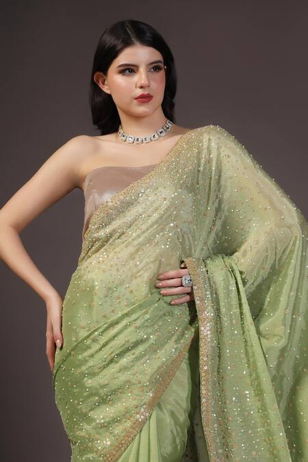 Two Sisters By Gyans_Green Chiffon Sequins, Embroidery Designer Saree Set _at_Aza_Fashions