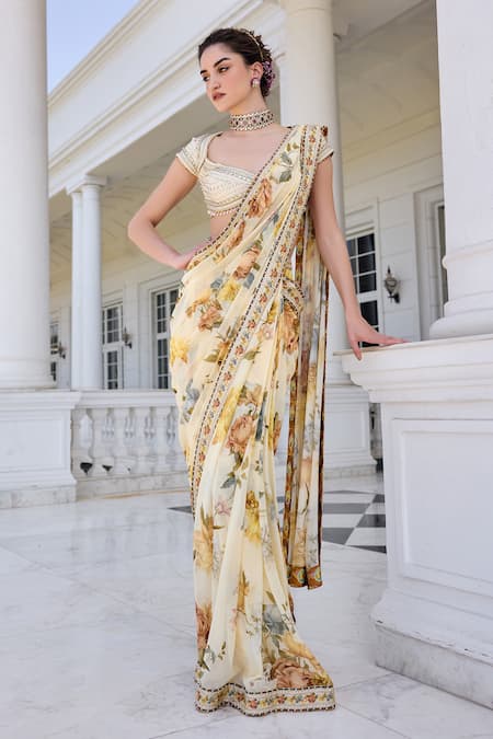 Kalista Frida Floral Print Pre-Draped Saree & Blouse Set 